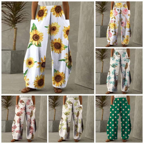 Damen Weite Blumen-Hosen mit Taschen und elastischem Bund Drune