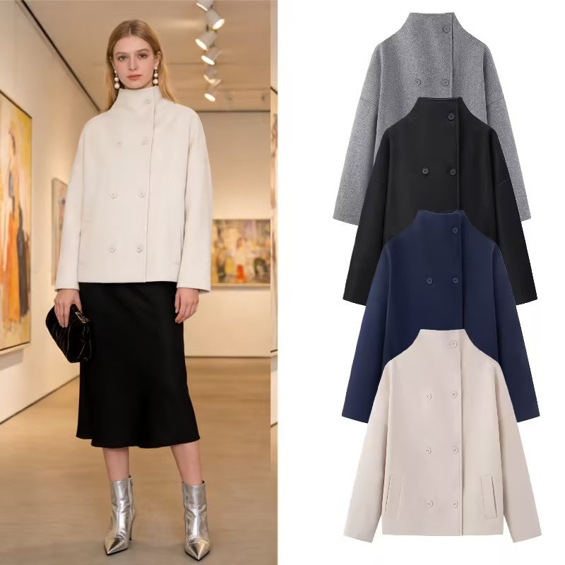 Damen Boxy Wolljacke im Cocoon‑Schnitt mit Stehkragen und doppeltreiher Knopfleiste Drune