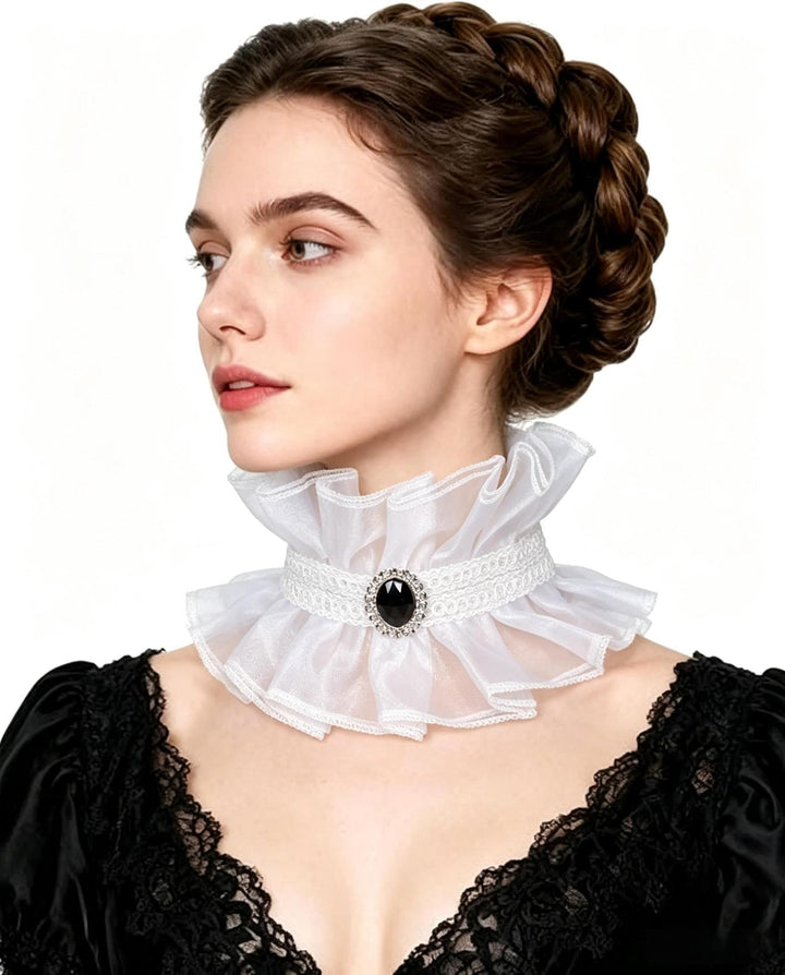 Damen nan viktorianischer Rüschen-Halskragen Choker mit dekorativer Brosche Drune