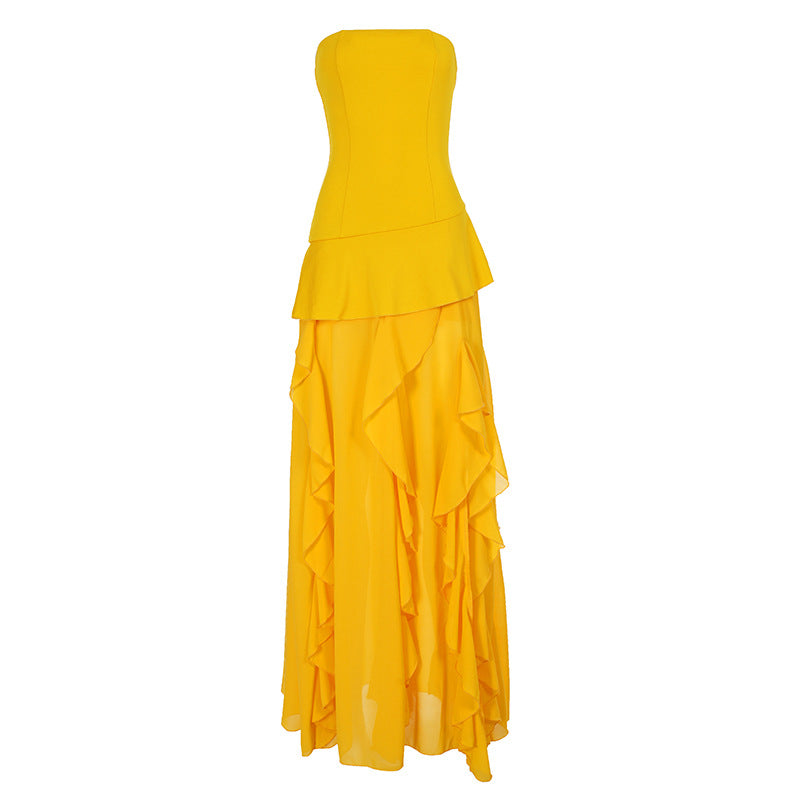 Damen elegantes Maxikleid mit Rüschendetails und figurbetonter Silhouette Drune