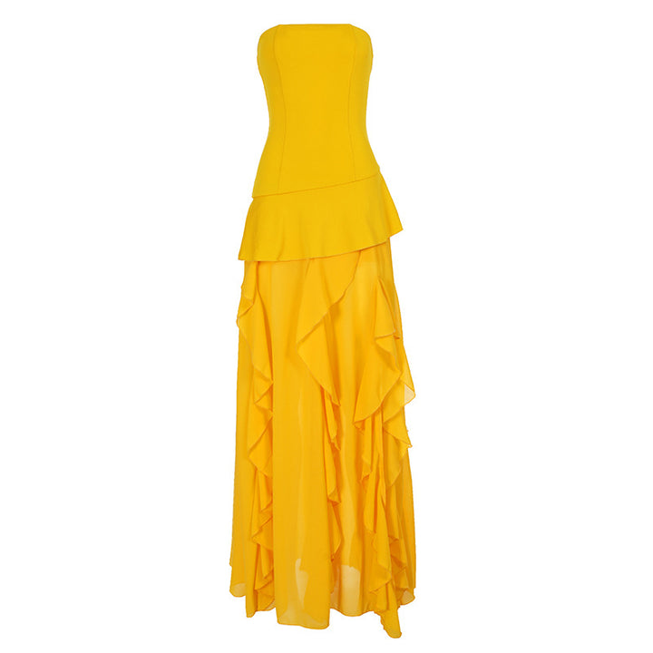 Damen elegantes Maxikleid mit Rüschendetails und figurbetonter Silhouette Drune