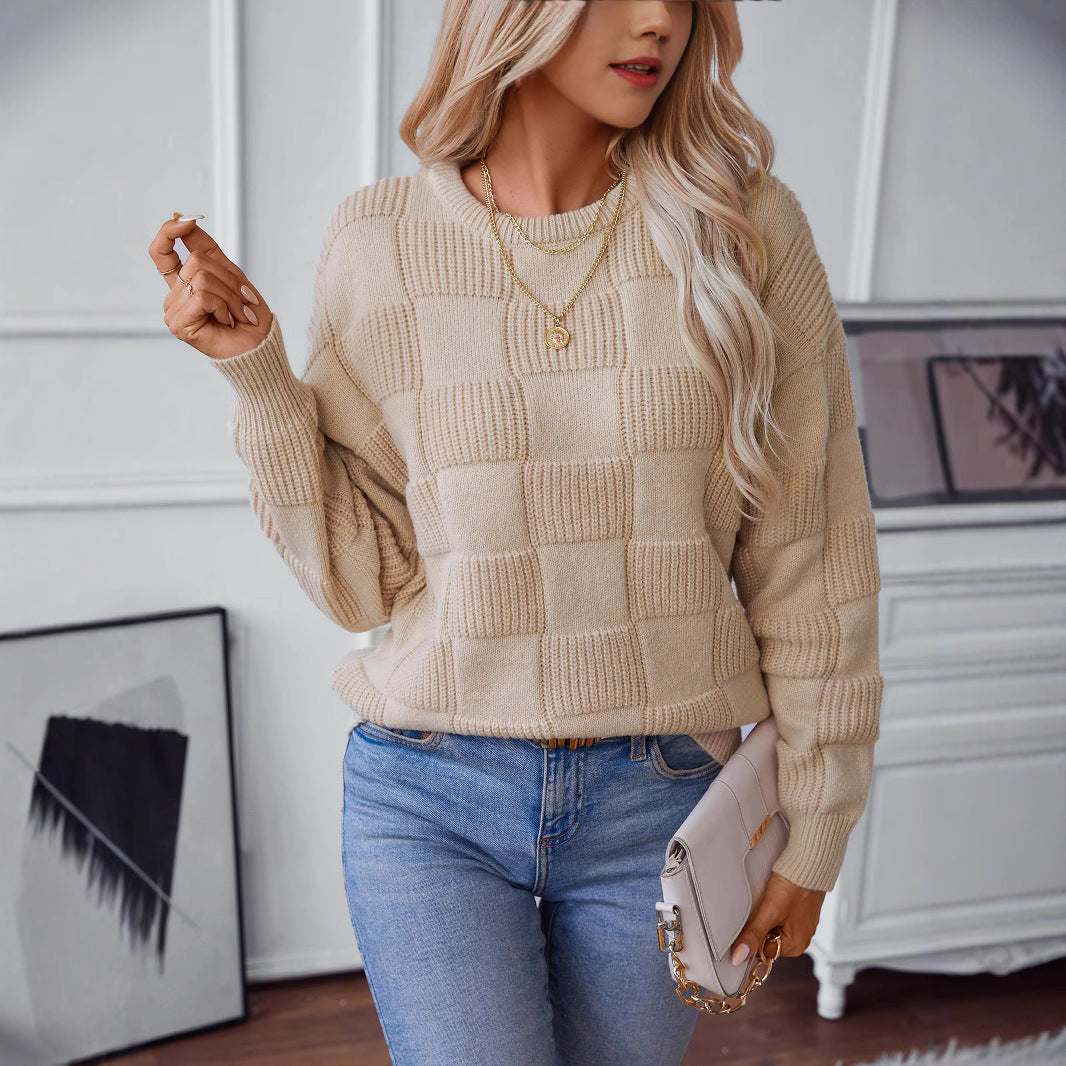 Damen Strickpullover mit modischem Karomuster und lässigem Schnitt Drune