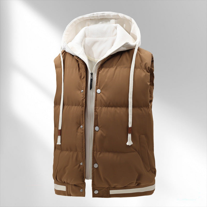 Herren gesteppte Kapuzenweste mit integriertem Hoodie-Layer, Druckknopfleiste und sportivem Geripptsaum Drune