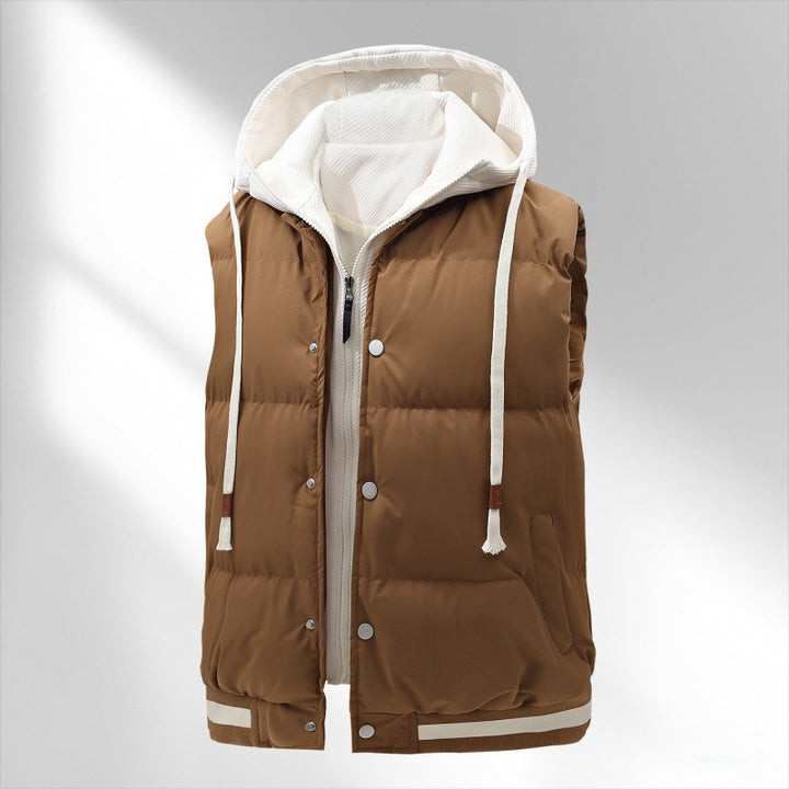 Herren gesteppte Kapuzenweste mit integriertem Hoodie-Layer, Druckknopfleiste und sportivem Geripptsaum Drune