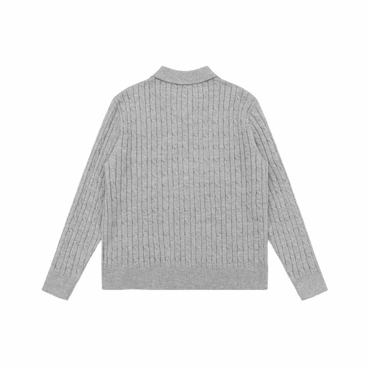 Unisex Grobstrick-Polokragen-Pullover mit Zopfmuster und halber Knopfleiste Drune