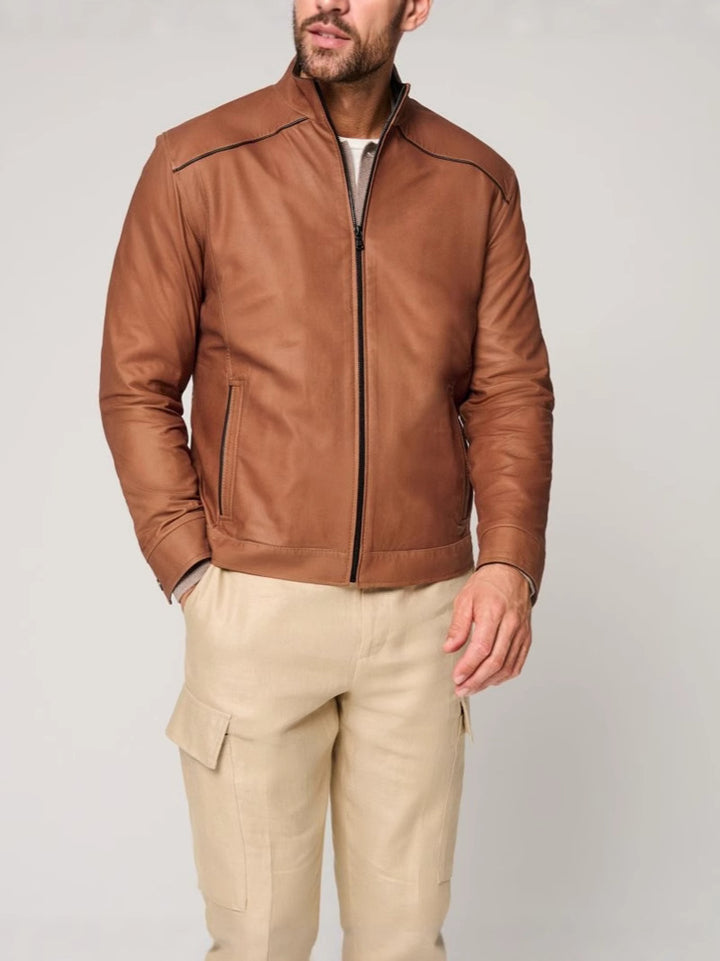 Herren Lederjacke mit elegantem Stehkragen und seitlichen Reißverschlusstaschen Drune