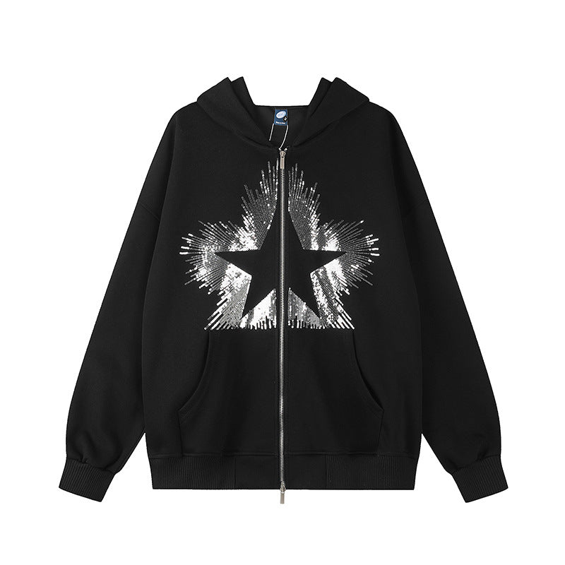 Damen Oversize-Kapuzenjacke aus French Terry mit glitzerndem Sternprint und Metallreißverschluss Drune