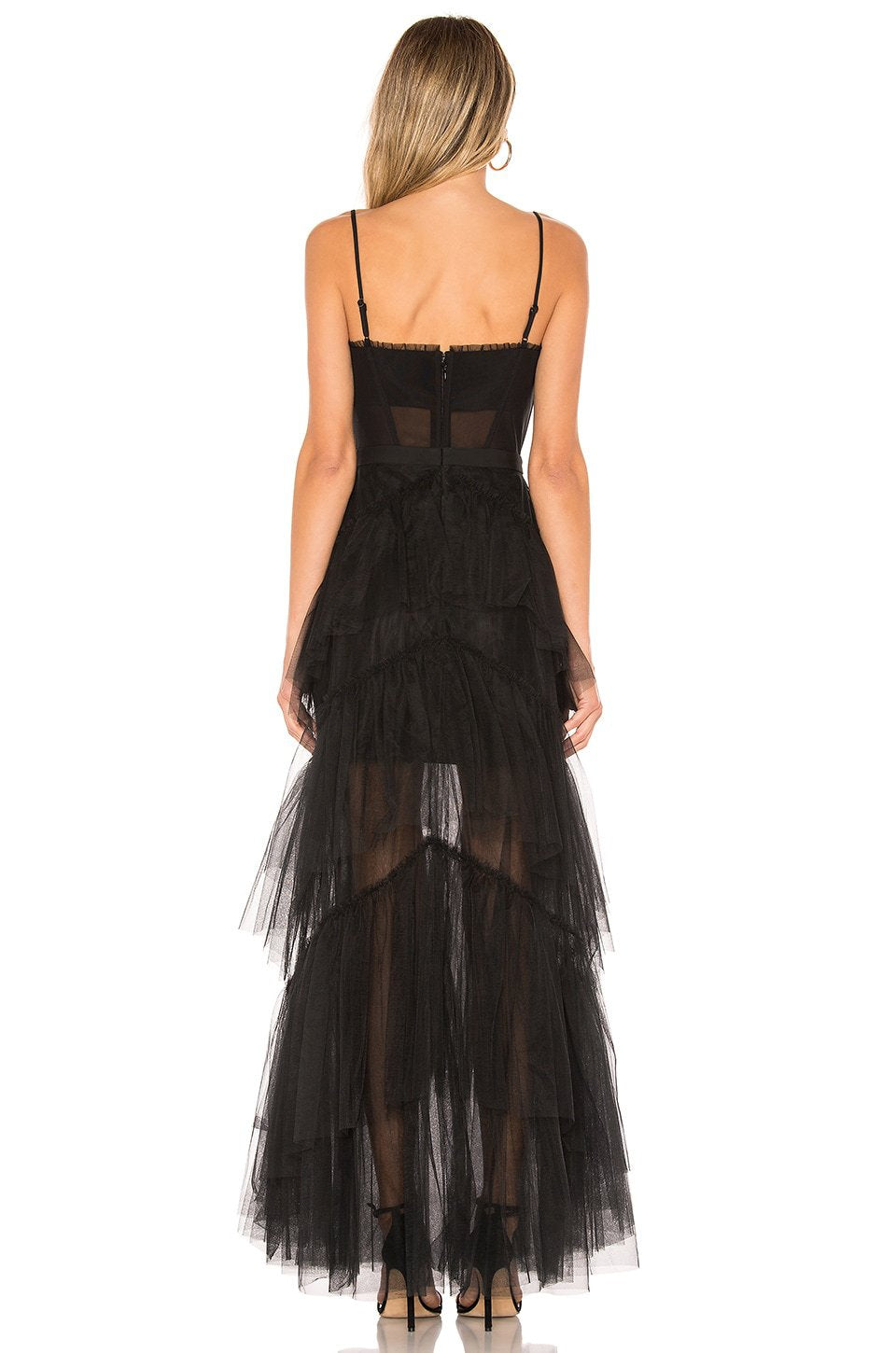 Damen Maxikleid mit mehrlagigem Tüllsaum und transparenter Einsätzen Drune