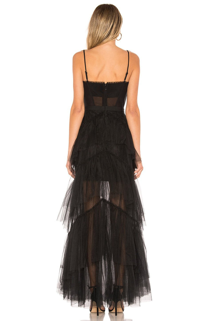 Damen Maxikleid mit mehrlagigem Tüllsaum und transparenter Einsätzen Drune