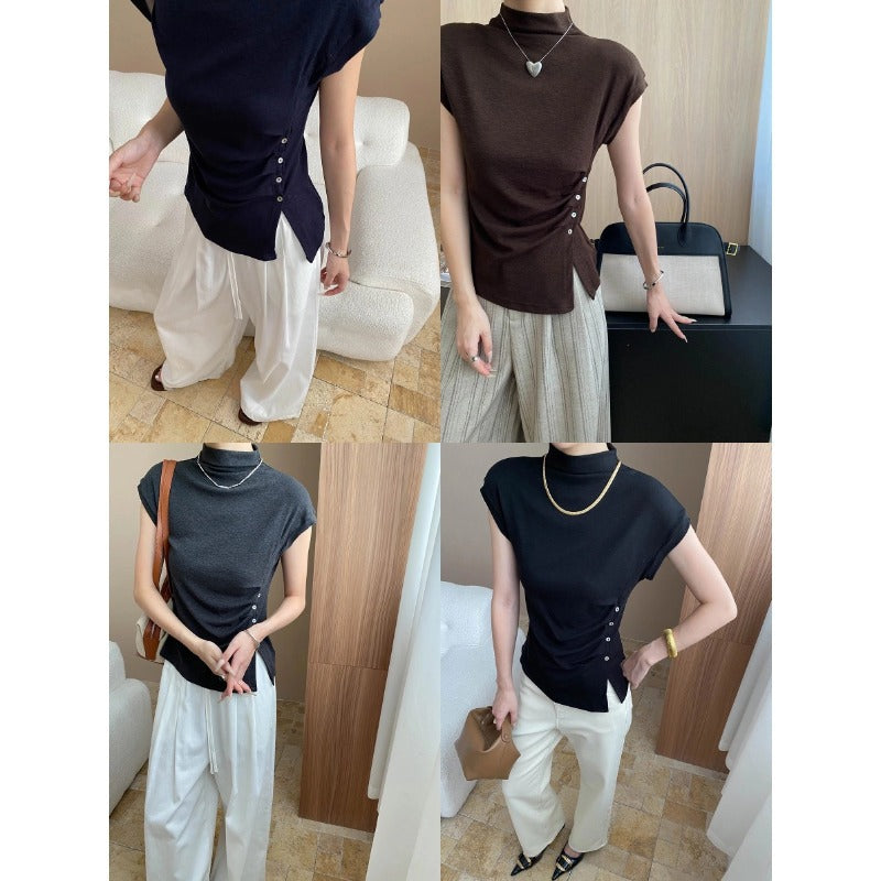 Damen elegantes Oberteil mit dekorativer Knopfleiste und schickem Gerafften Detail Drune