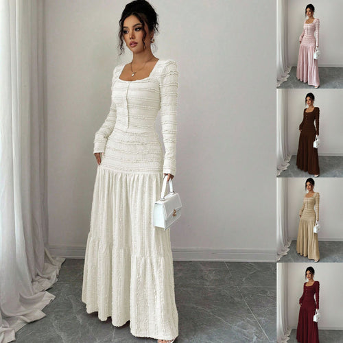 Damen Figurbetontes strukturiertes Maxikleid mit quadratischem Ausschnitt und Knopfleiste Drune