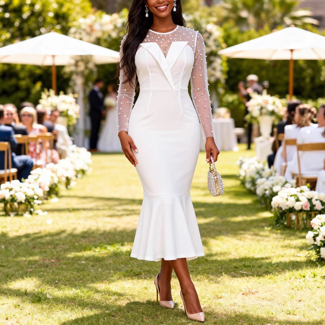 Damen Elegantes Hochzeitskleid mit transparenten Puffärmeln und Taillengürtel Drune