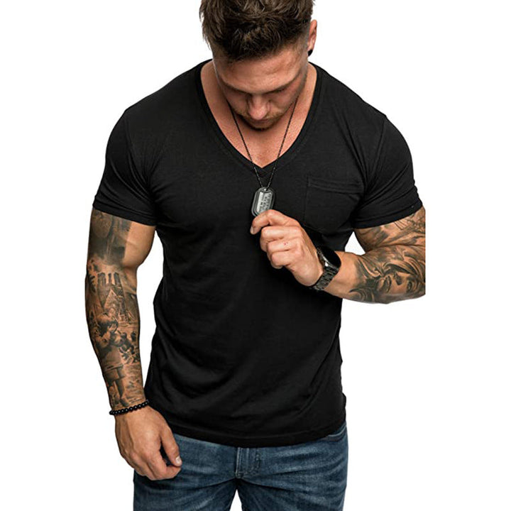 Herren V-Ausschnitt T-Shirt aus weicher Baumwolle mit Brusttasche Drune