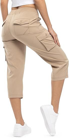Damen Capri Cargo-Hosen in Bermuda-Länge mit hoher Taille und aufgesetzten Klappentaschen Drune