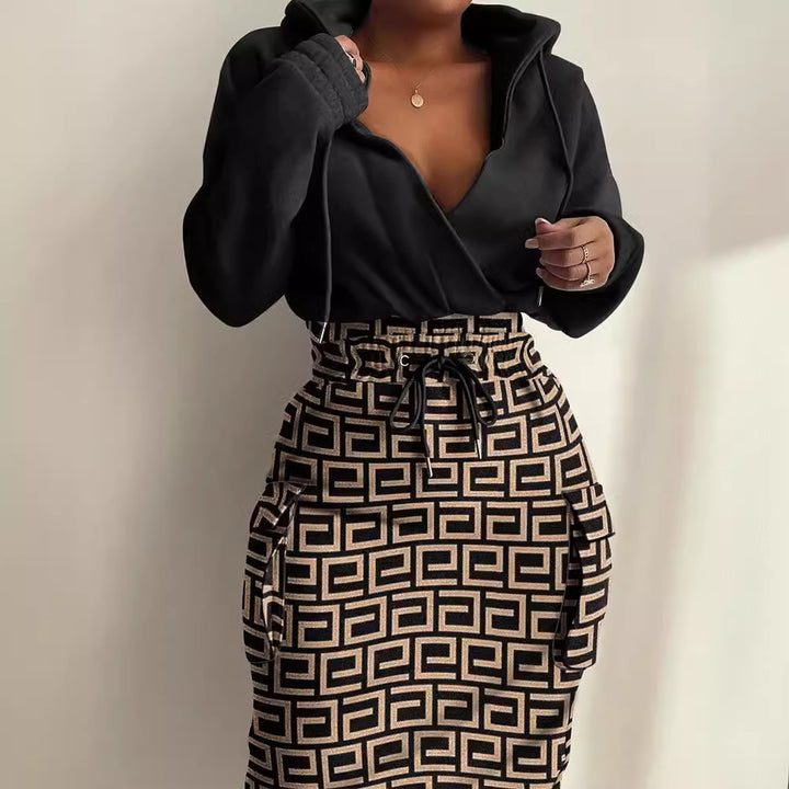 Damen Kapuzen Sweatkleid mit V-Ausschnitt, Kordelzug-Taille und Cargo-Taschen Drune
