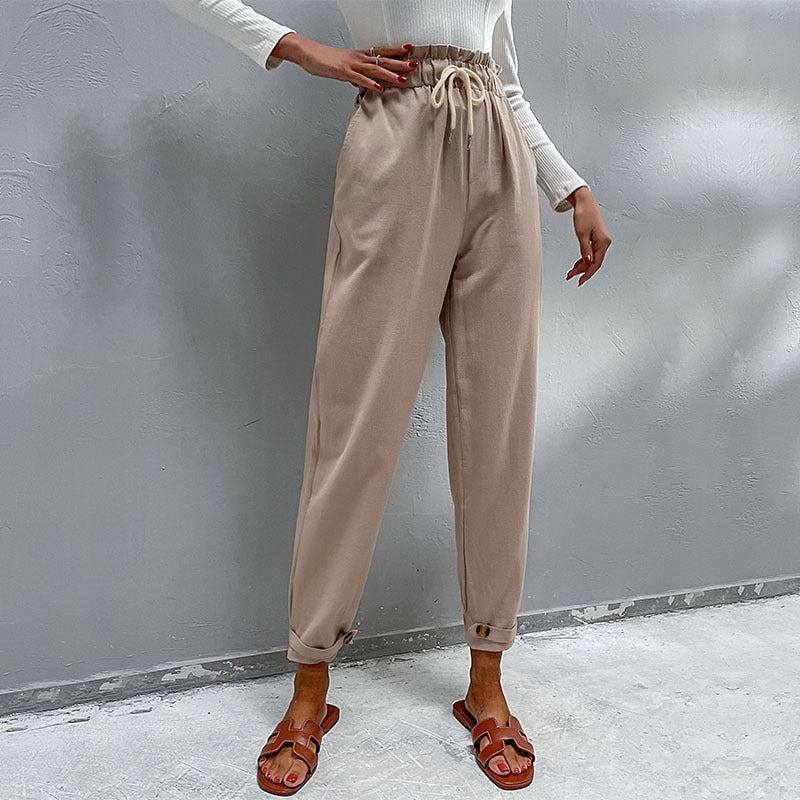 Damen Lässige Hose mit hohem Bund, Tunnelzug, Eingrifftaschen und konischer Beinform Drune