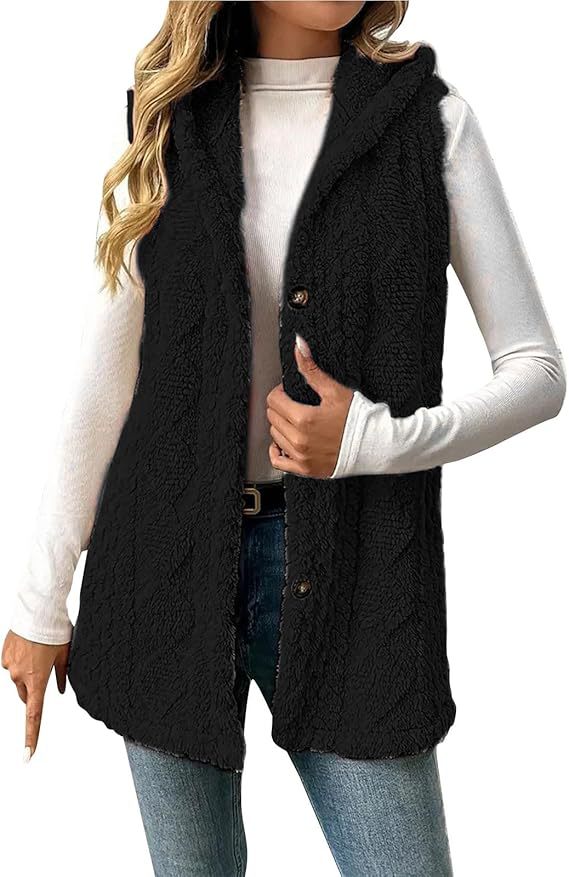 Damen Gefütterte Teddy-Weste mit Kapuze und Knopfverschluss Drune