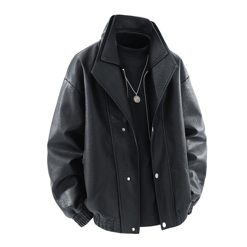 Herren modische Oversized-Lederjacke mit elegantem Kragen und praktischen Taschen Drune