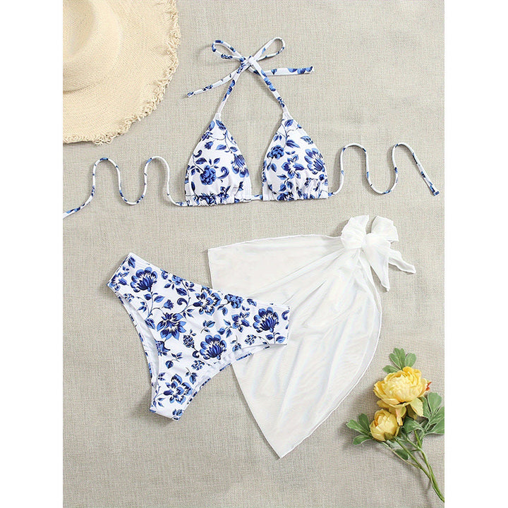 Damen Bunt gemusterter Triangel-Bikini-Set mit leichtem Überwurf Drune