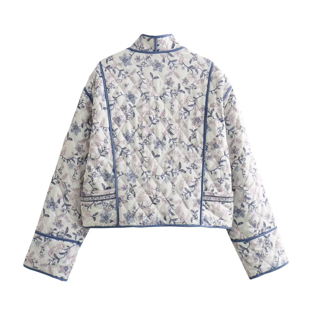 Damen gesteppte Kimono-Jacke mit floralem Allover‑Muster und kontrastierender Paspelierung Drune
