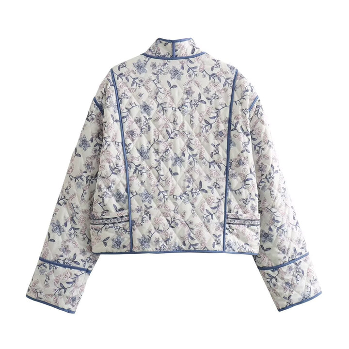 Damen gesteppte Kimono-Jacke mit floralem Allover‑Muster und kontrastierender Paspelierung Drune