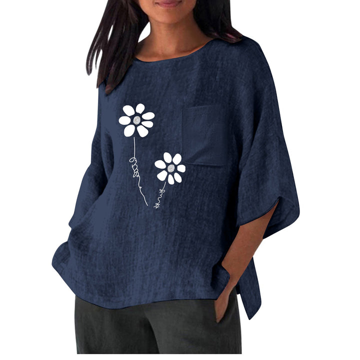 Damen lässiges Blusenshirt mit einzigartigem Blumenprint und praktischem Brusttaschen Drune