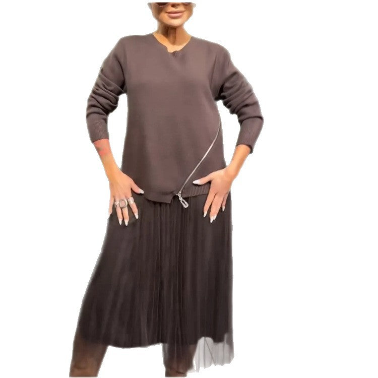 Damen Oversize Feinstrickpullover mit Seitenschlitzen, diagonalem Naht und schichtartigem Look Drune