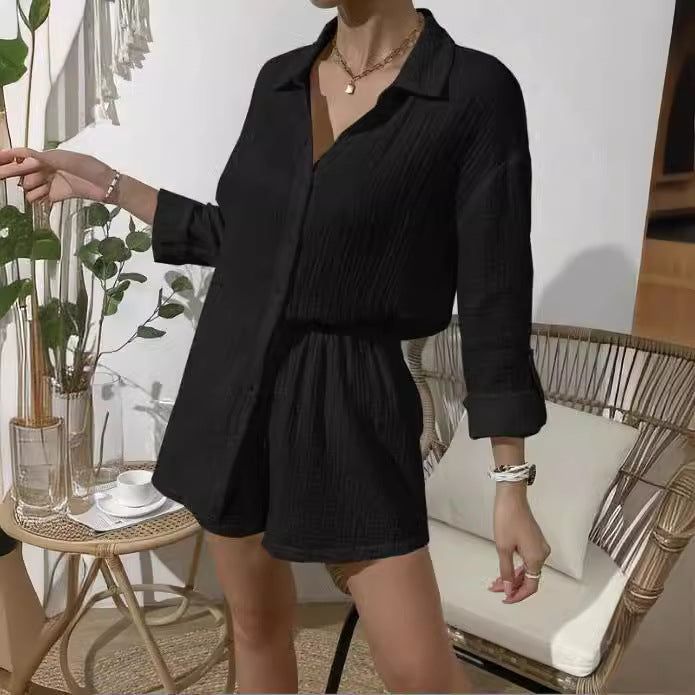 Damen nan luftig-leichter Zweiteiler Lounge-Set aus Baumwoll-Gauze mit Hemdbluse und elastischer Taillen-Shorts Drune