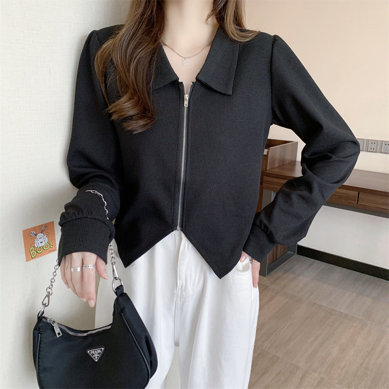 Damen modische cropped Jacke mit Reißverschluss und elegantem Kragen Drune