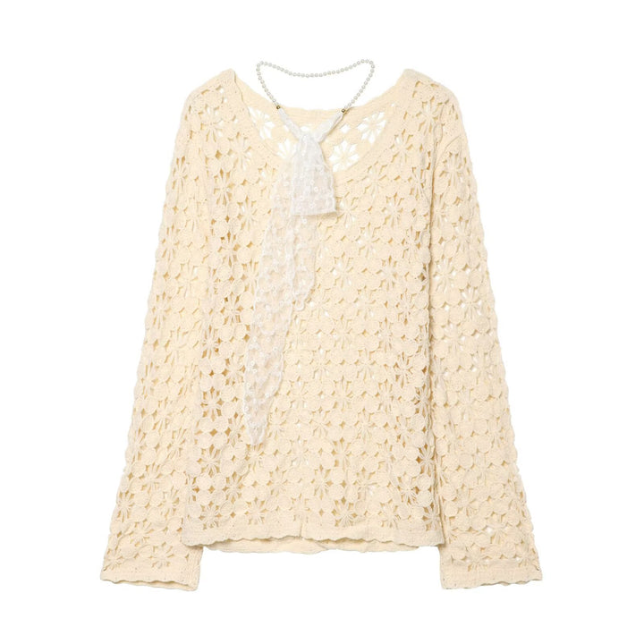 Damen Häkelpullover mit floraler Lochspitze und zarter Spitzen-Schleife Drune