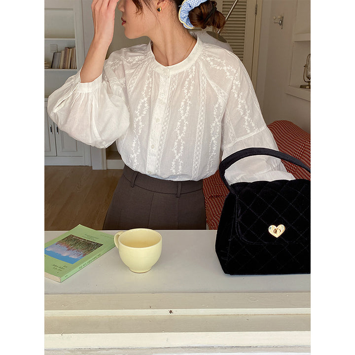 Damen Bluse mit Puffärmeln und feinem Stickdesign Drune