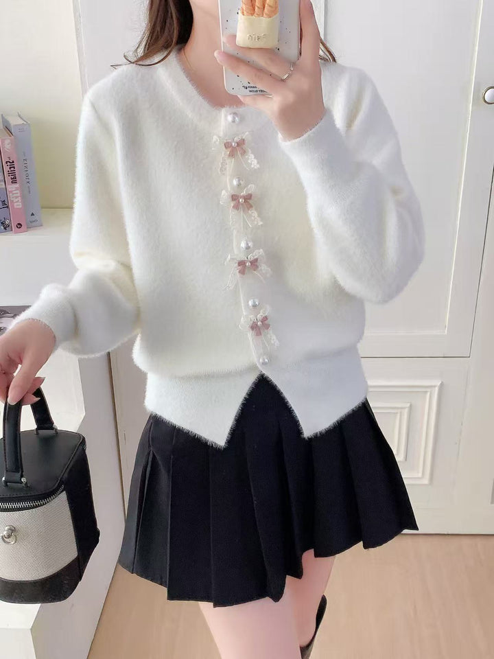 Damen Flauschige Strickjacke mit Perlen und Rüschendetails Drune