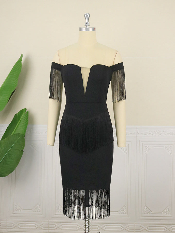 Damen Kleid mit Fransen und tiefem V-Ausschnitt Drune