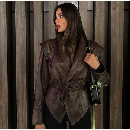 Damen modische Wildlederjacke mit tailliertem Schnitt und Bindegürtel Drune