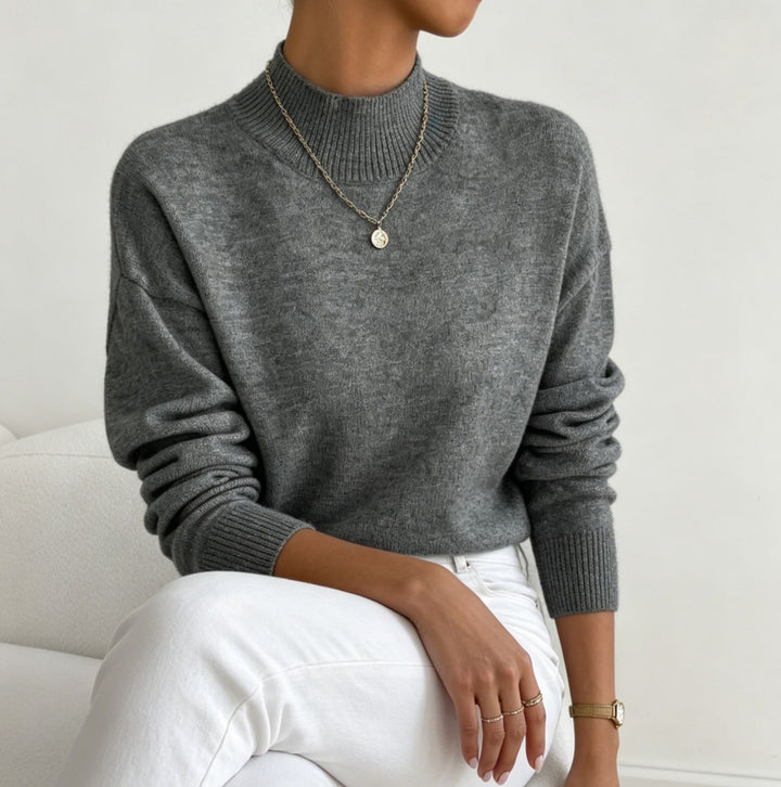Damen kuscheliger Feinstrickpullover mit Stehkragen und überschnittener Schulter Drune