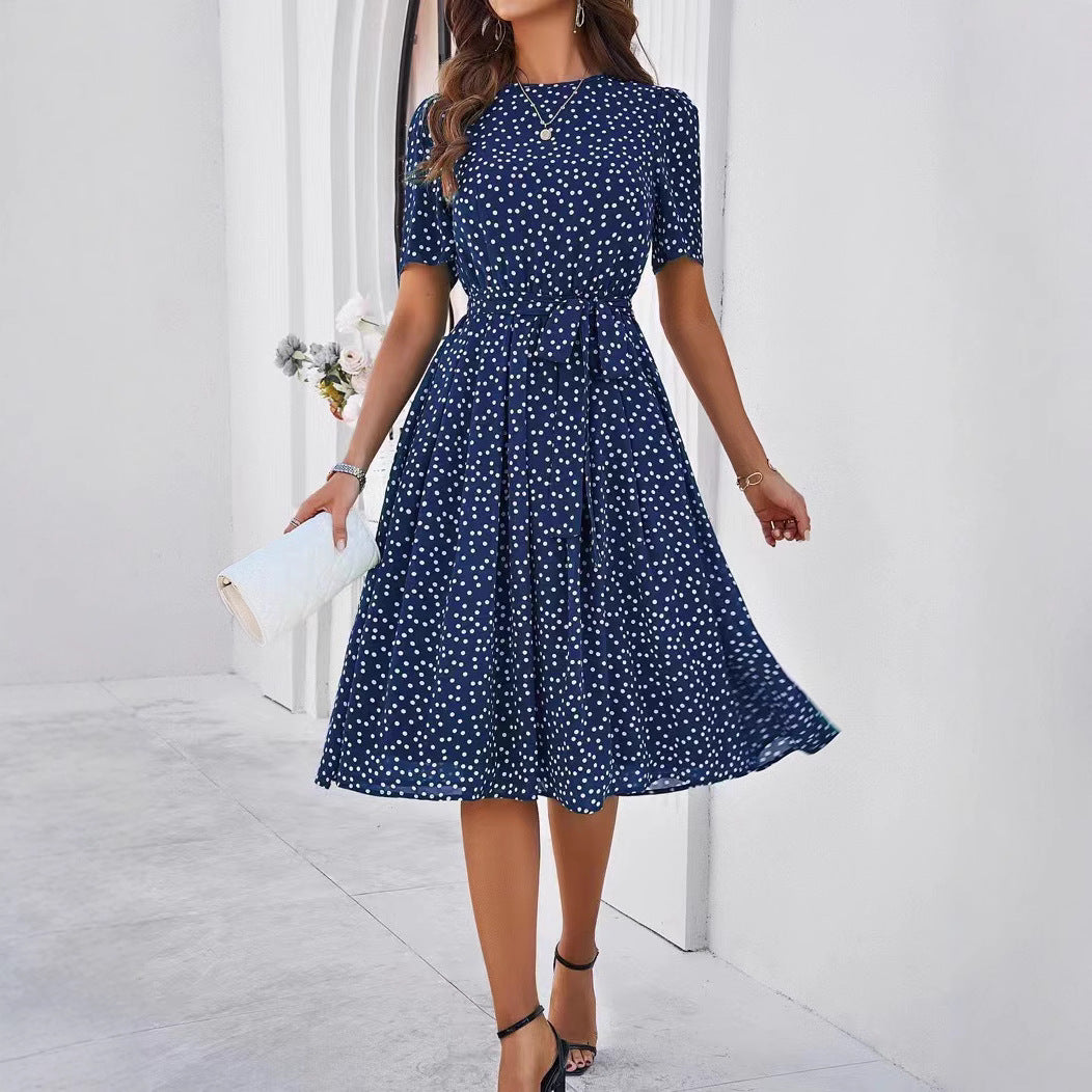 Damen Midikleid mit elegantem Punktedesign und Taillengürtel Drune