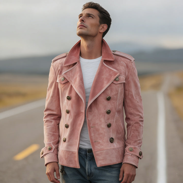 Herren Doppelreihige Lederjacke im Vintage-Look mit Schalkragen und Schulterklappen Drune