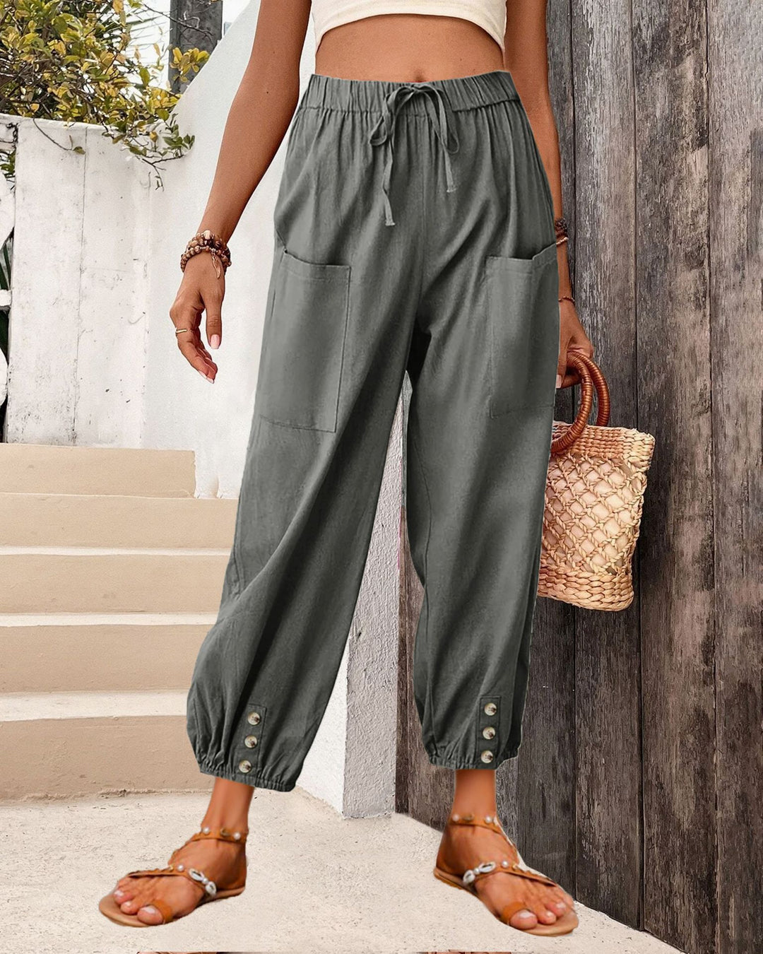 Damen Leinenlook Loungehosen mit hohem elastischem Taillenbund, Kordelzug, aufgesetzten Taschen und geknöpftem Saum Drune