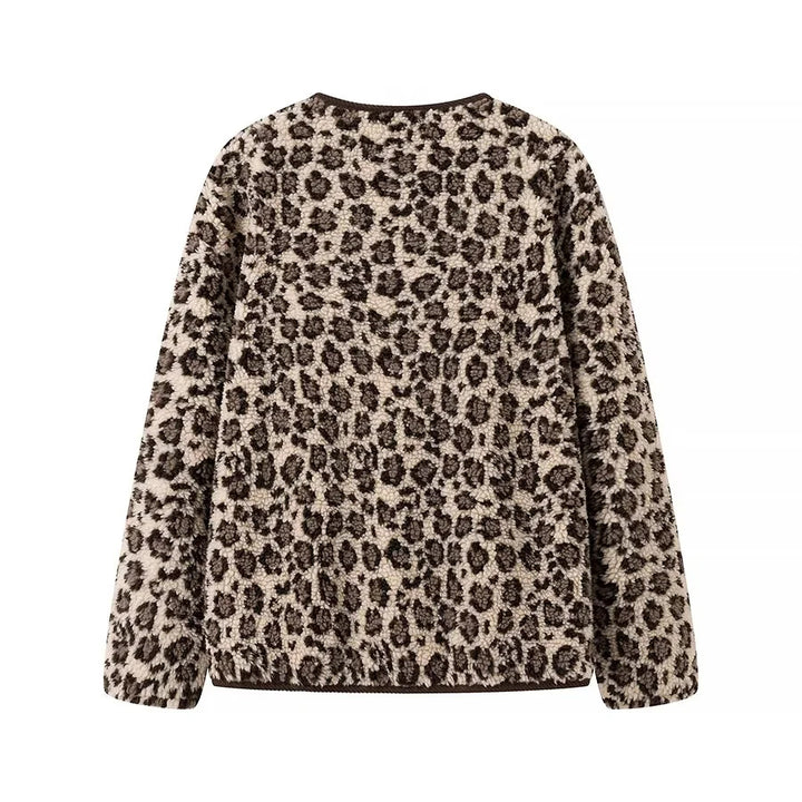 Damen nan Teddyjacke mit Leopardenmuster Knopfverschluss und Kordbesatz Drune