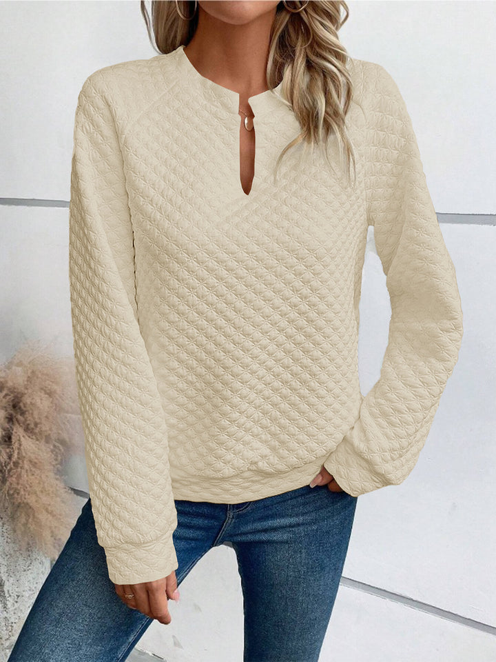 Damen Gestepptes Sweatshirt mit Schlitzkragen, Rautenstruktur und Raglanärmeln Drune