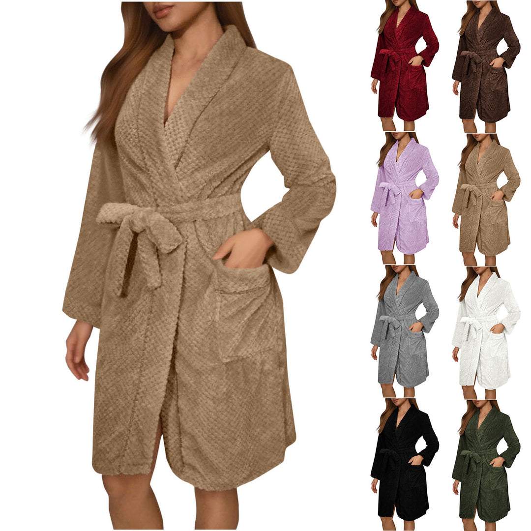 Damen Kuscheliger Bademantel mit Gürtel und Taschen Drune