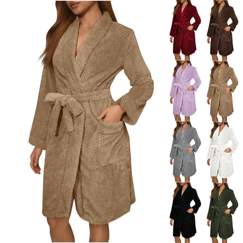 Damen Kuscheliger Bademantel mit Gürtel und Taschen Drune