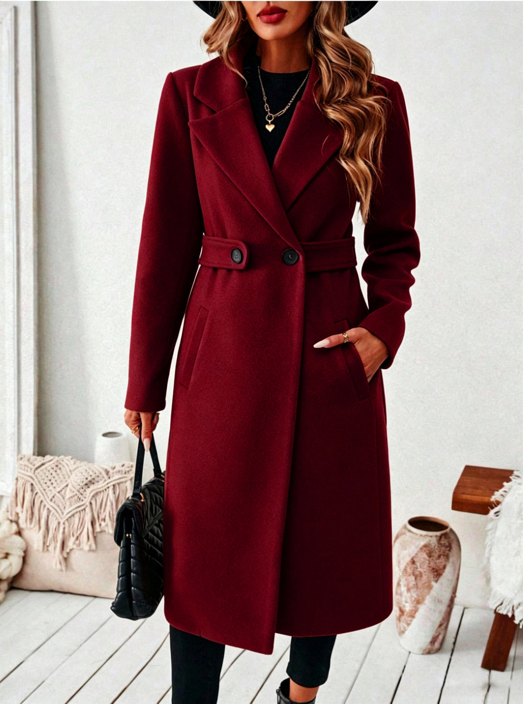Damen Longline-Mantel mit Reverskragen und Pattentaschen-Detail Drune