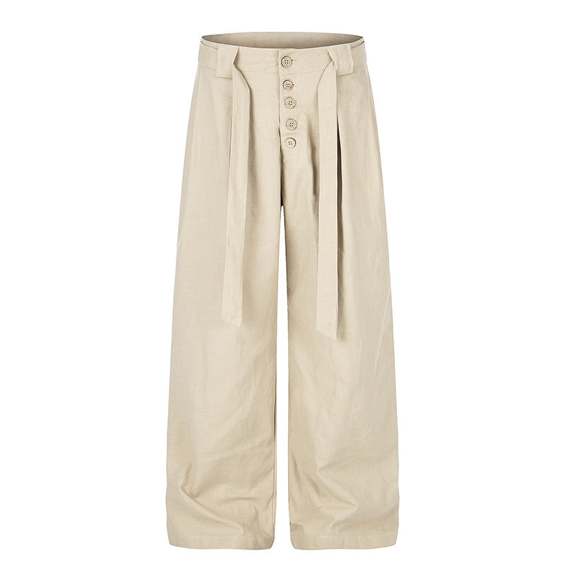 Damen Hochgeschnittene Leinen-Weitebein-Hose mit Knopfleiste, Bindegürtel und Bundfalten Drune