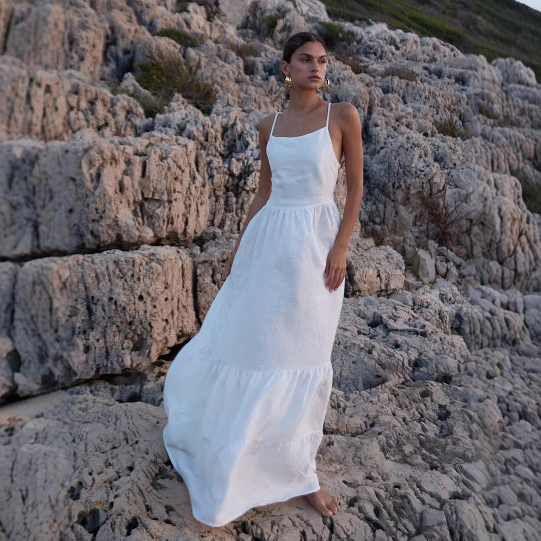 Damen Elegantes Maxikleid aus Leinen mit Querriemen Drune