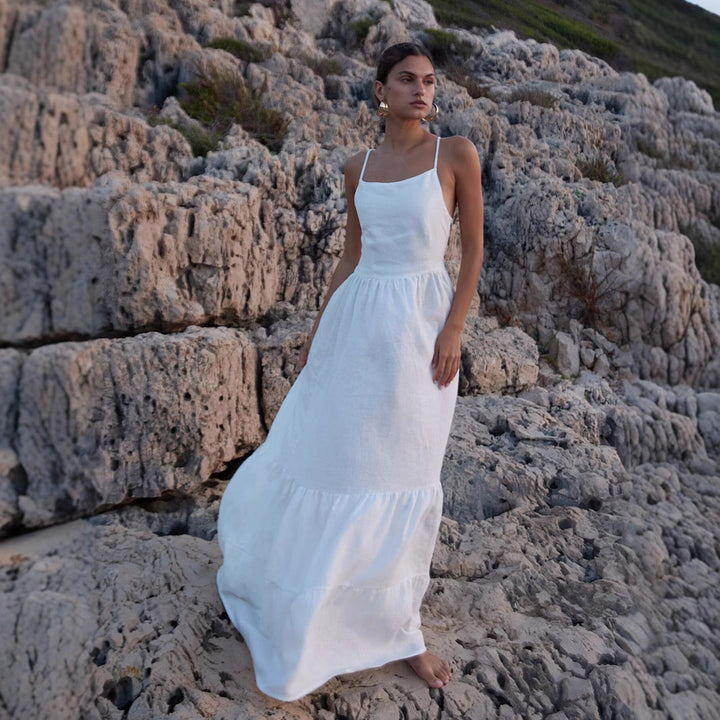 Damen Elegantes Maxikleid aus Leinen mit Querriemen Drune