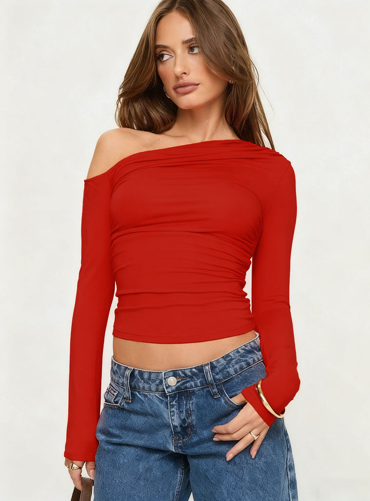 Damen Off-Shoulder Raffungsshirt mit langen Ärmeln und elegantem Design Drune