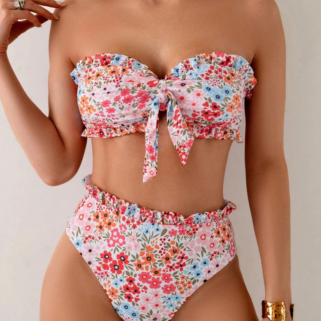 Damen Bandeau-Bikini mit verspielten Rüschen und floralem Muster Drune