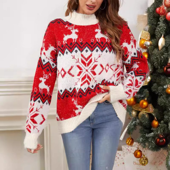 Damen Strickpullover mit festlichem Norweger-Muster und hohem Kragen Drune