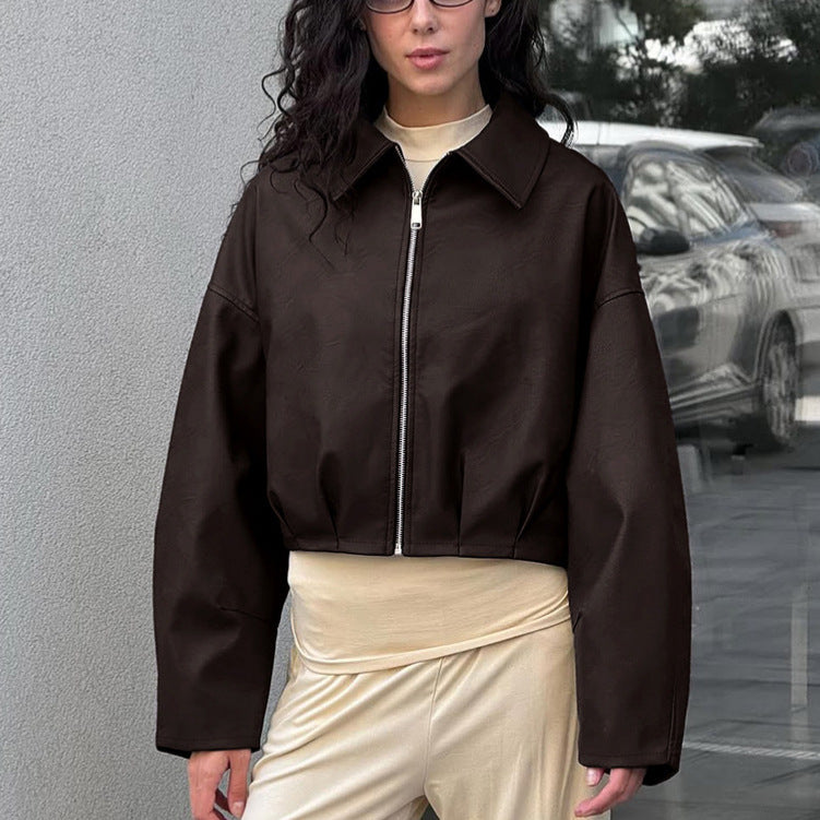 Damen modische cropped Lederjacke mit voluminösen Ärmeln Drune